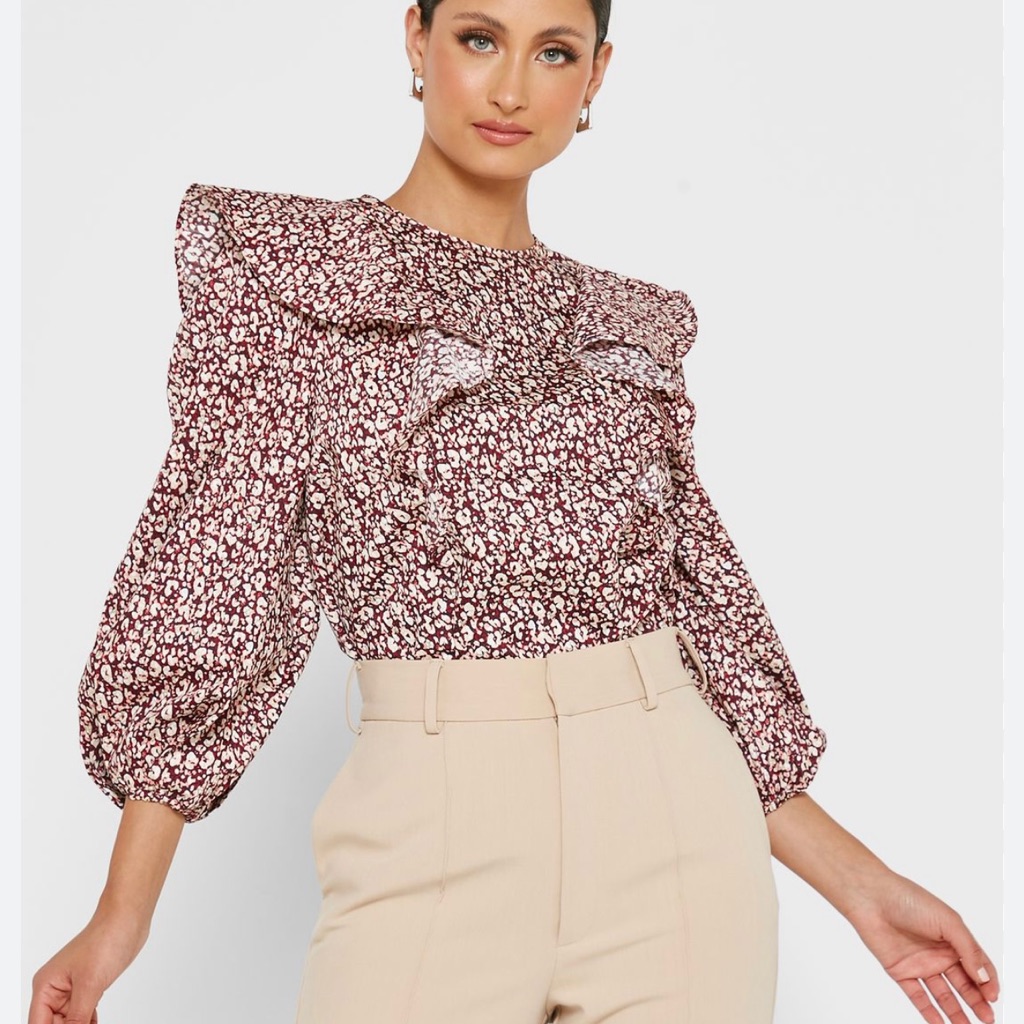 Ted Baker London Sz 3 (M) Puff Sleeve Printed Ruffle Cheetah Blouse 100% Cotton